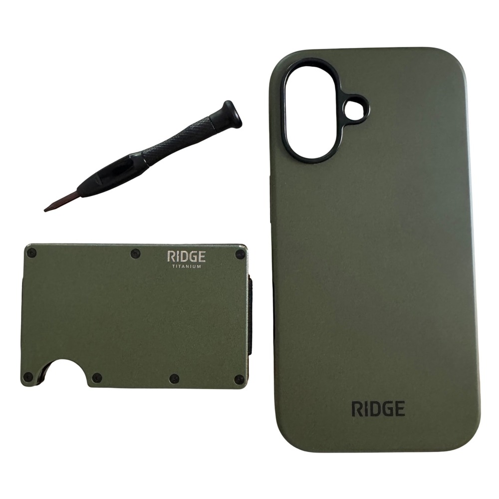 Ridge Matte Olive Titanium Wallet & iPhone 16 MagSafe Case Set